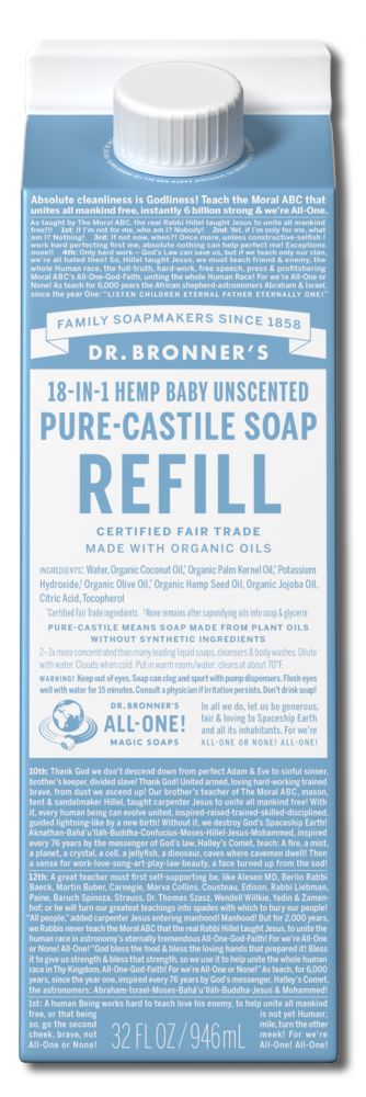 Dr Bronners Liquid Castile Soap Baby Unscented Refill Carton 32 oz