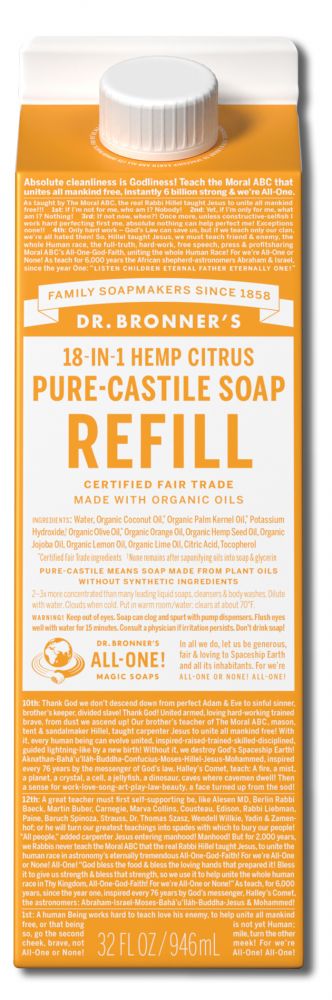 Dr Bronners Liquid Castile Soap Citrus Refill Carton 32 oz