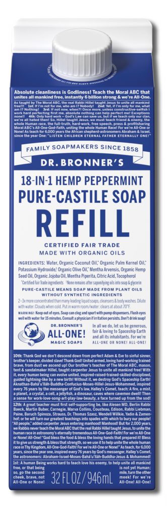 Dr Bronners Liquid Castile Soap Peppermint Refill Carton 32 oz