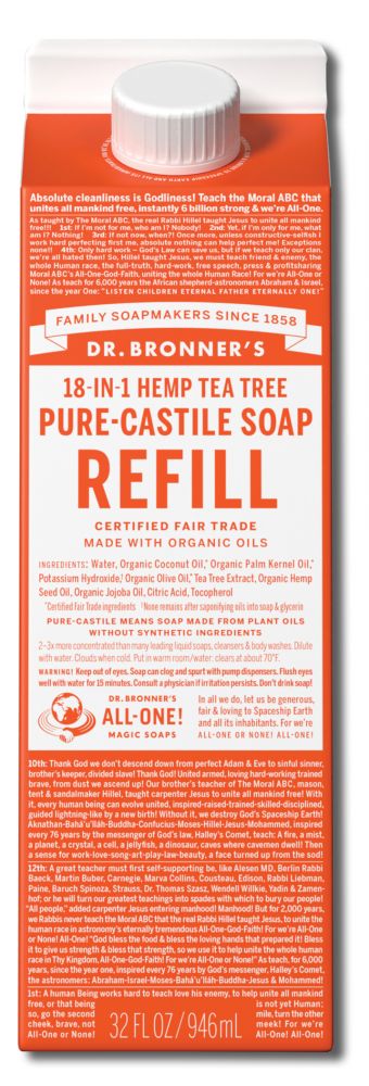 Dr Bronners Liquid Castile Soap Tea Tree Refill Carton 32 oz