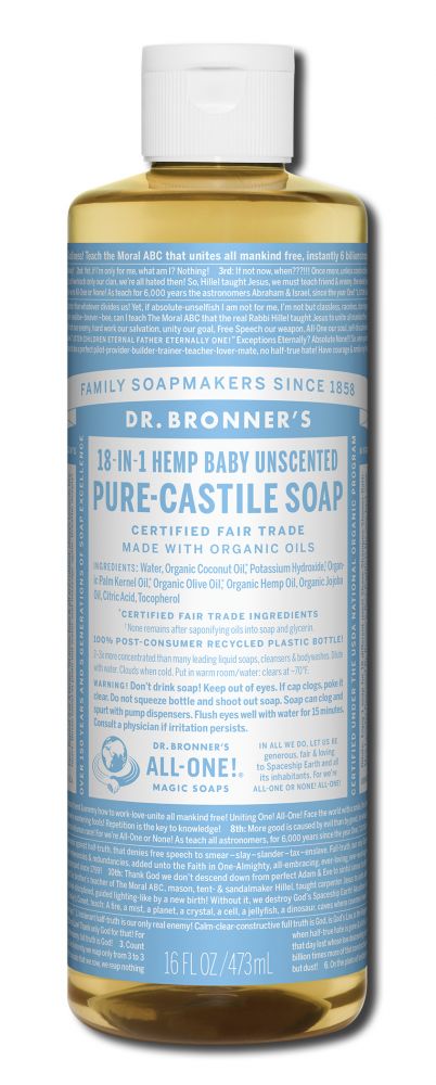 Dr Bronners Liquid Castile Soap Unscented Baby Mild 16 oz