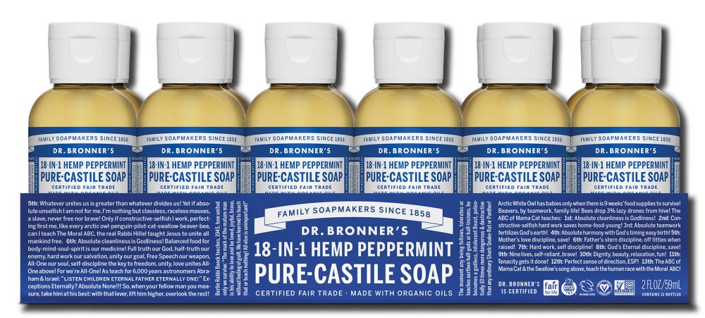 Dr Bronners Magic Soap Travel Organic Liquid Soap Peppermint 2 oz/12 pk
