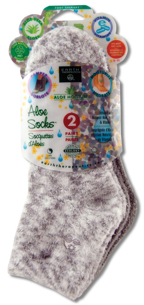 Earth Therapeutics Foot & Pumice Products Aloe Sock Grey Multi/Grey Solid 2 pk