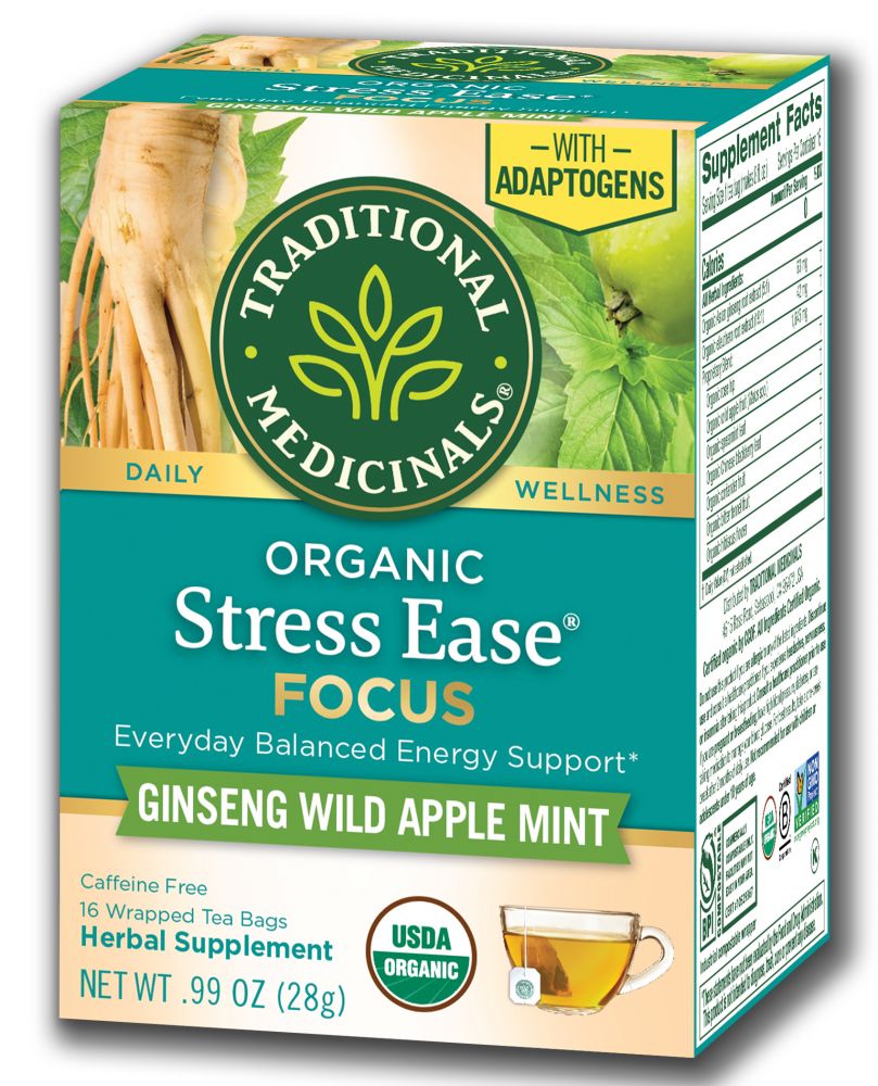 Traditional Medicinals Organic Tea (16 Bags Per Box) Stress Ease Focus with Adaptogens 16 ct