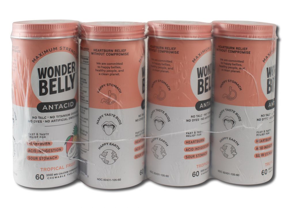 Wonder Belly Antacid Tropical Fruit 1000 mg Canister Chewable 60 ct Tablet 4 ct
