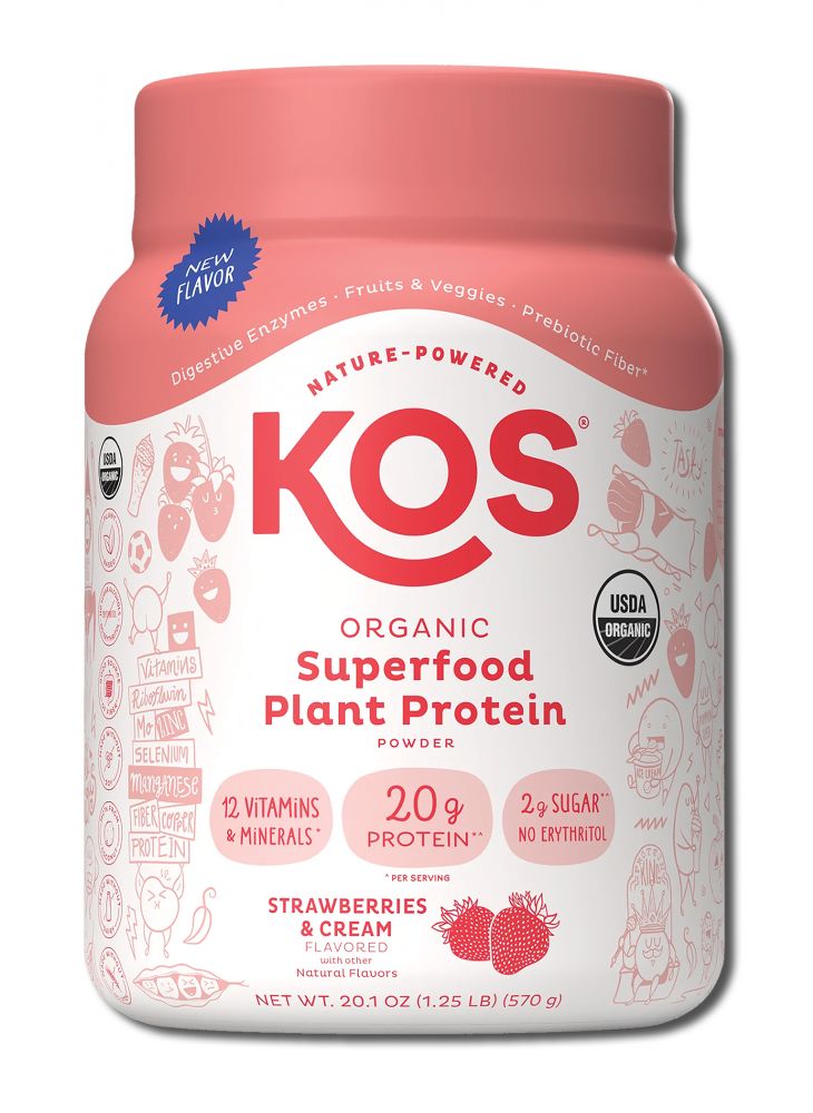 Kos Nutritionals Organic Plant Based Protein Powder Strawberries & Cream 15 Serving Jar
