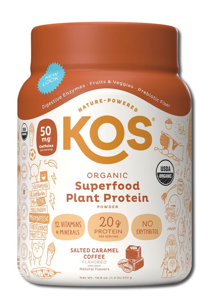 Kos Nutritionals Organic Plant Based Protein Powder Salted Caramel Coffee 15 Serving Jar
