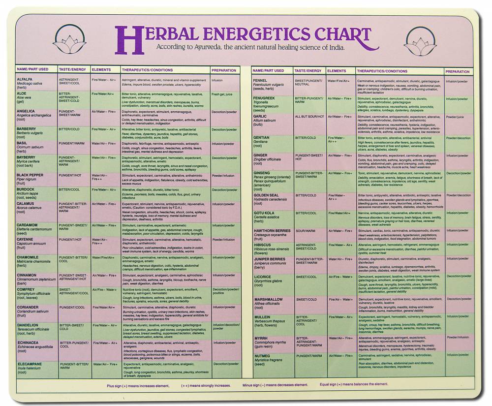 Ayurvedic Herbal Energetics Laminated Chart 9 in x 12 in